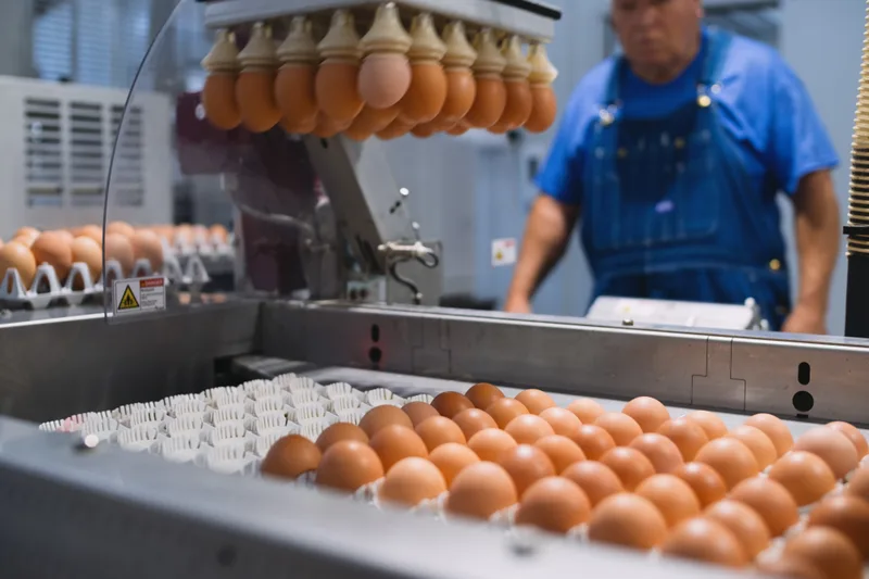 Brown eggs being packed into tray with farmer in the background.