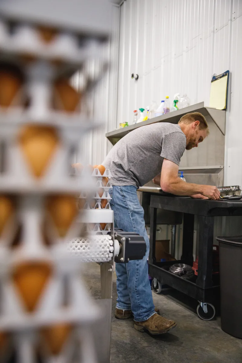 Farmer inspecting paperwork in the Egg Room.