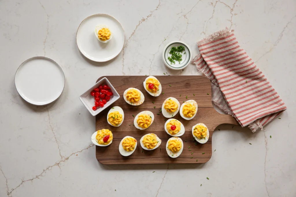 Piped deviled eggs arranged on a cutting board with sweet pepper drops and chives.